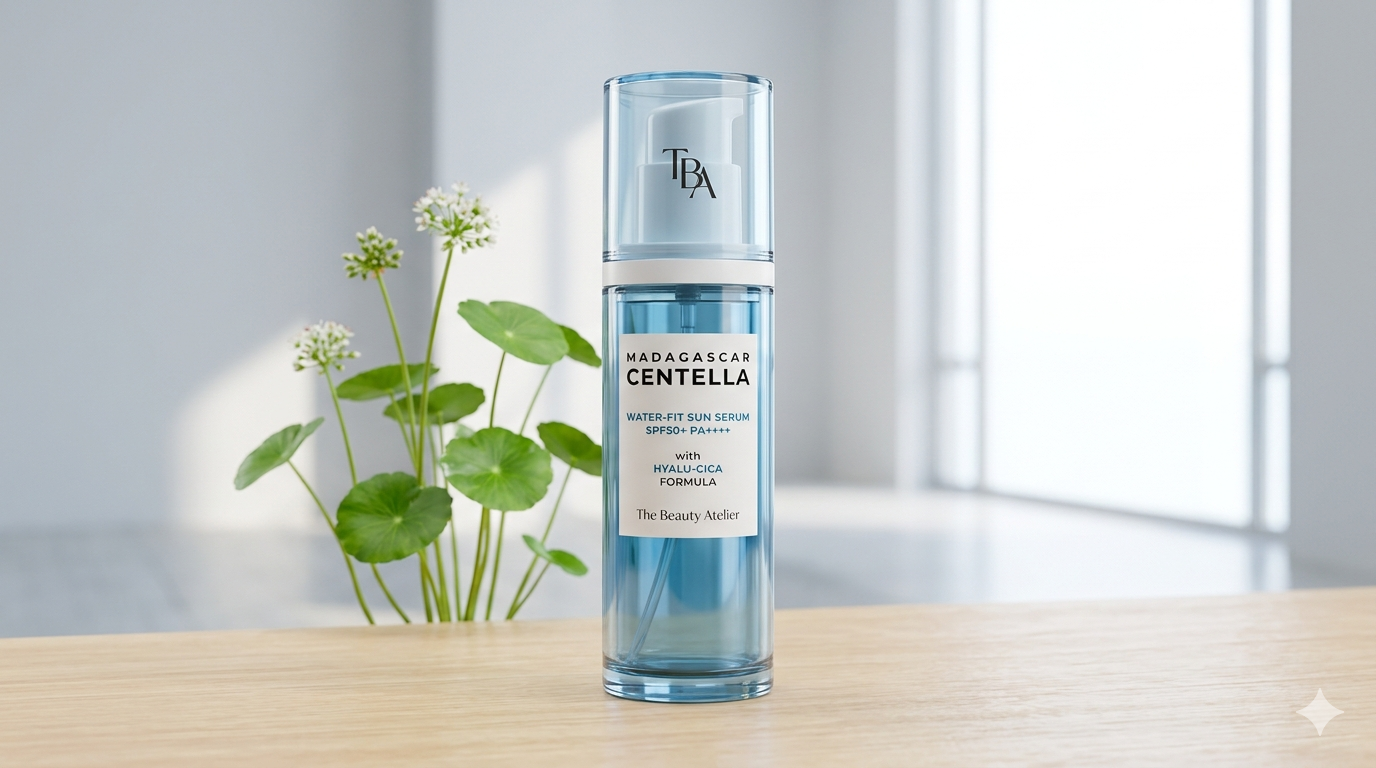 TPA Centella Asiatica serum bottle on a wooden surface with a plant in the background